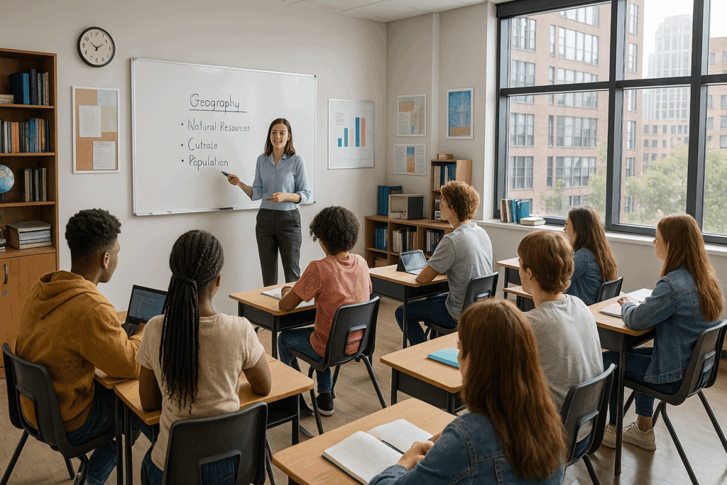 Urban classroom with teacher and diverse students