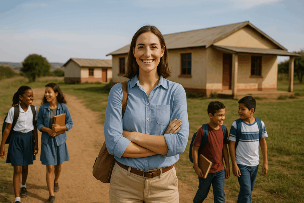 Teacher with students outside rural school building