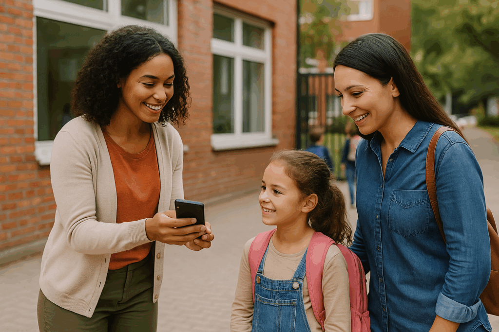 Teacher sharing quick message with parent and child
