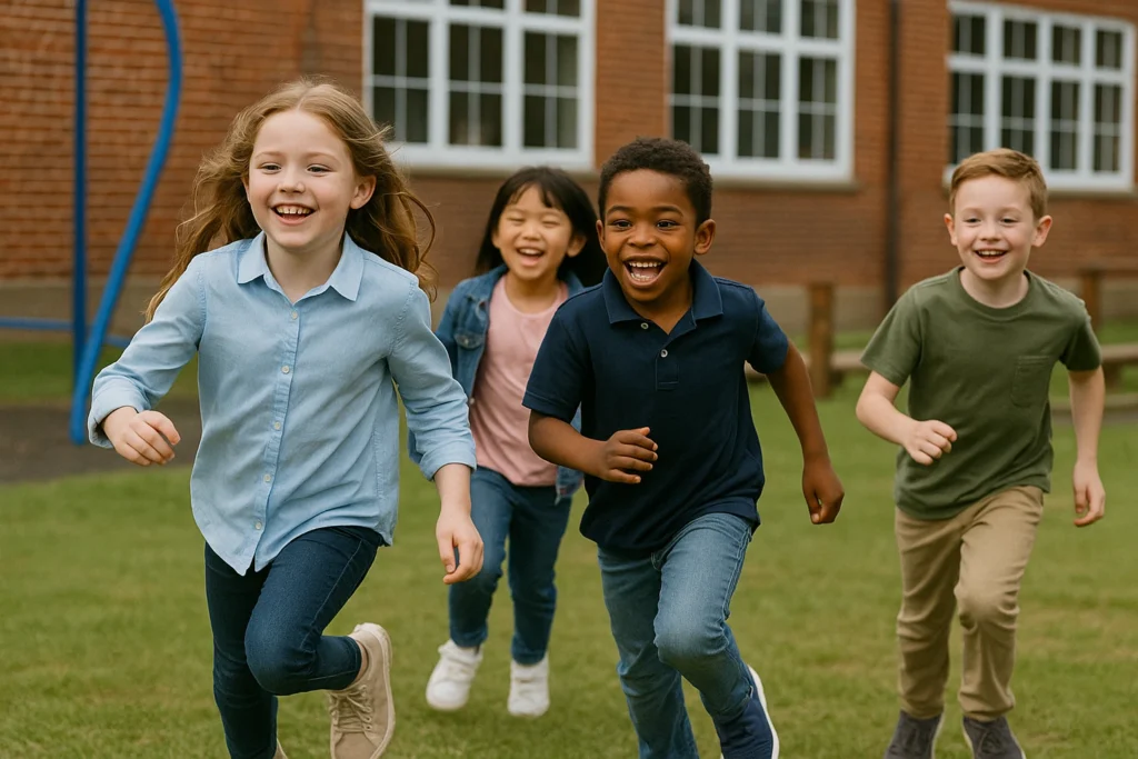Children running and playing happily at school