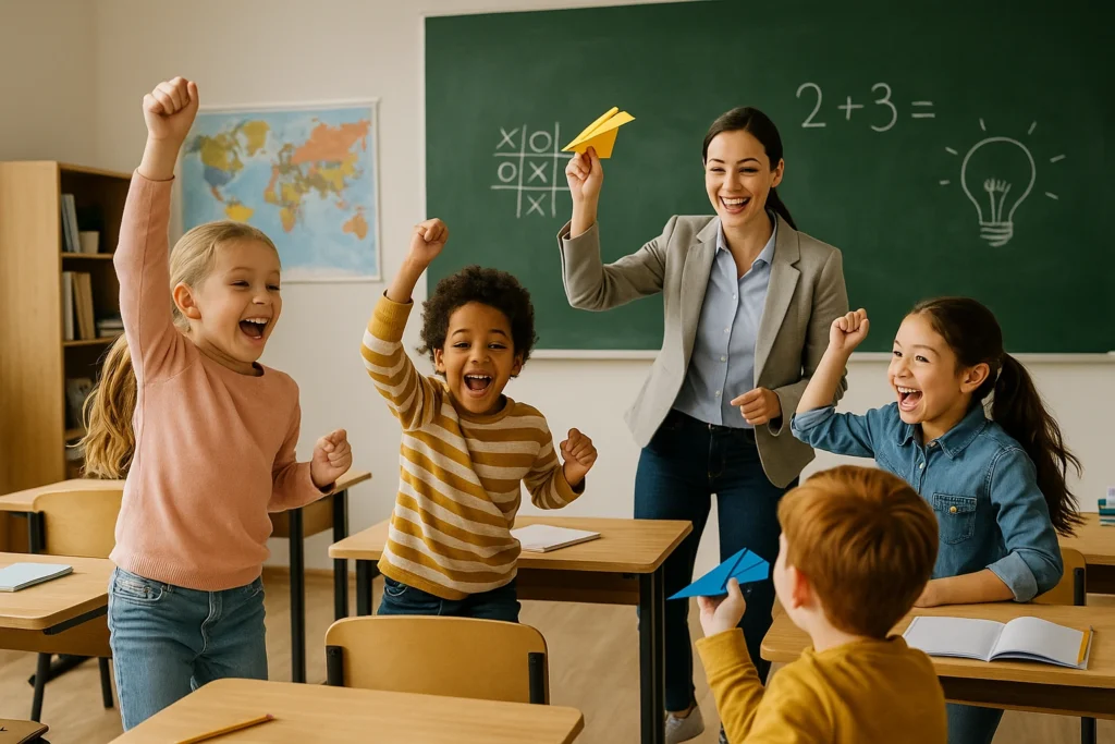 Teacher guiding students through playful classroom activities