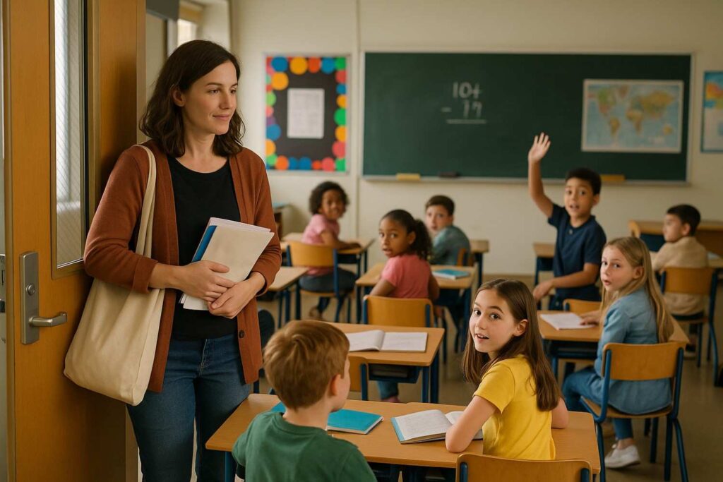 Relief teacher entering lively classroom, assessing students