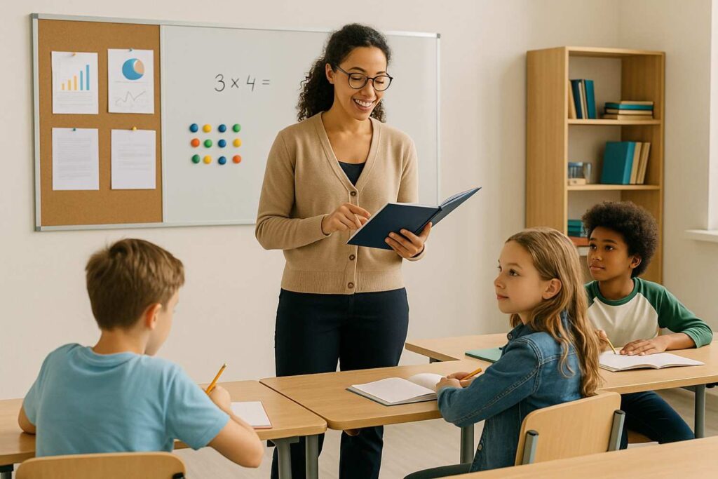 Relief teacher guiding students using organised materials