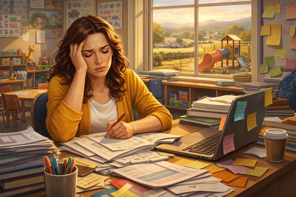 Tired teacher from work overload