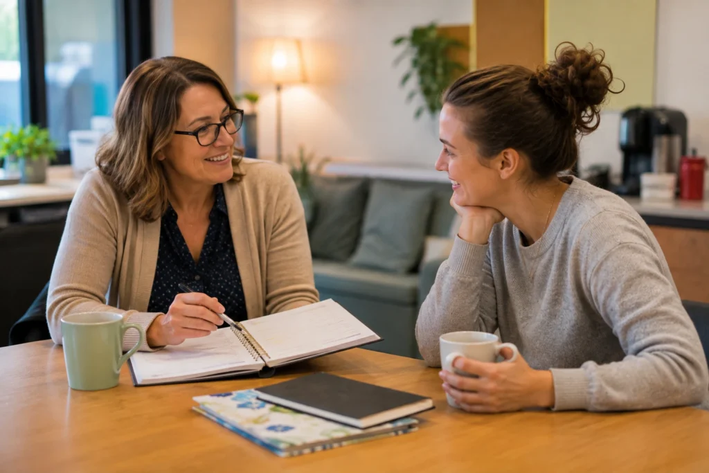 Two teachers sharing advice in a school staff room
