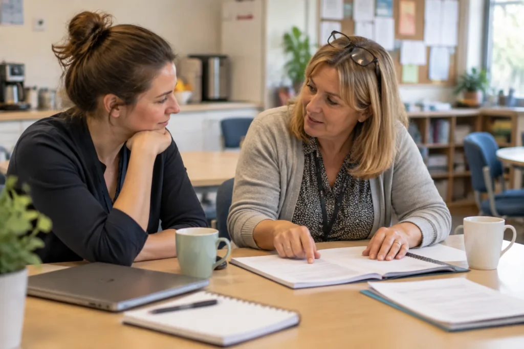 Teacher discussing career development with colleague